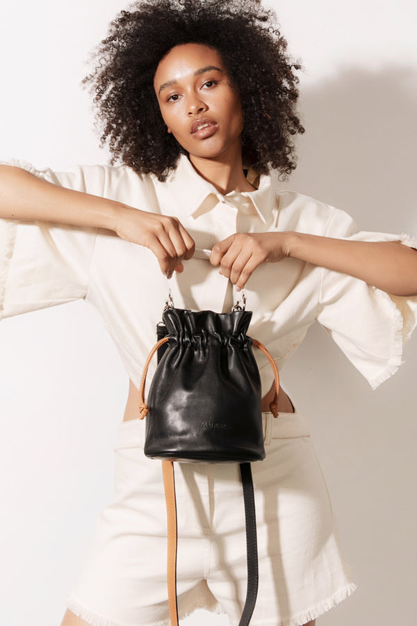 Clare V Emma Leather Drawstring Bag In Black